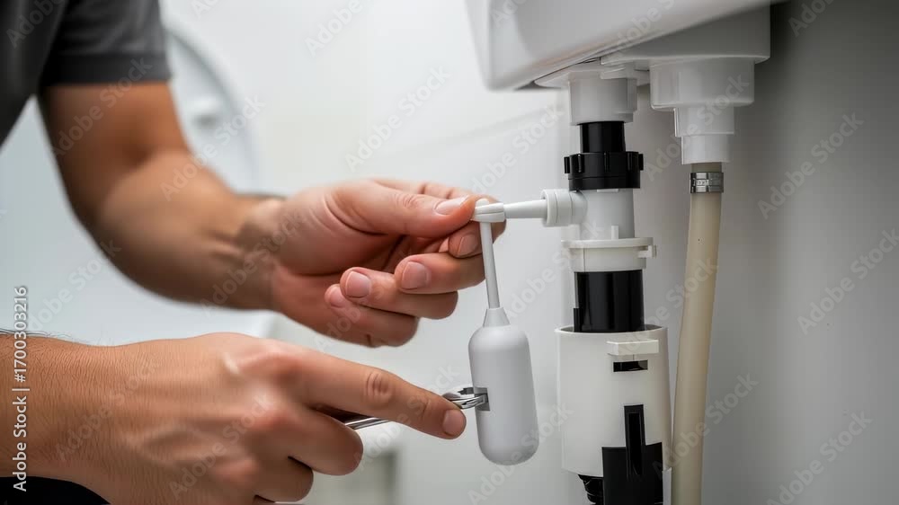 Poster Technician adjusting the float arm on a toilet fill valve kit during installation to ensure proper water level and flush cycle.
