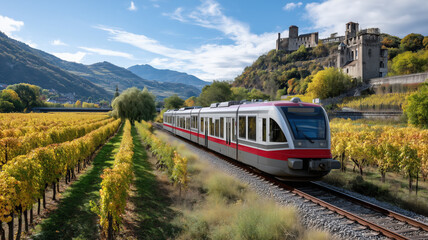 A scenic train traveling through lush vineyards with mountains in the background, highlighting the beauty of the landscape and nature.
