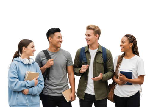Group of Smiling Students with Backpacks and Notebooks Engaged in Conversation on White Background