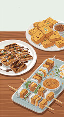 Food Vector Illustration of Tofu Dishes with Modern Style Tofu Skewer Tofu with Sauce Elegant Asian Cuisine Style
