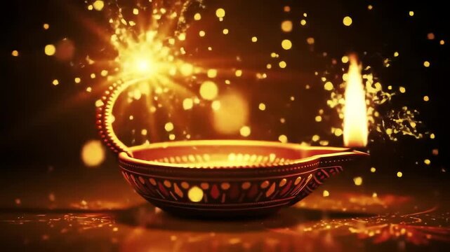 Radiant Diwali Diya Lamp with a Dazzling Sparkler Illuminating the Festive Night.