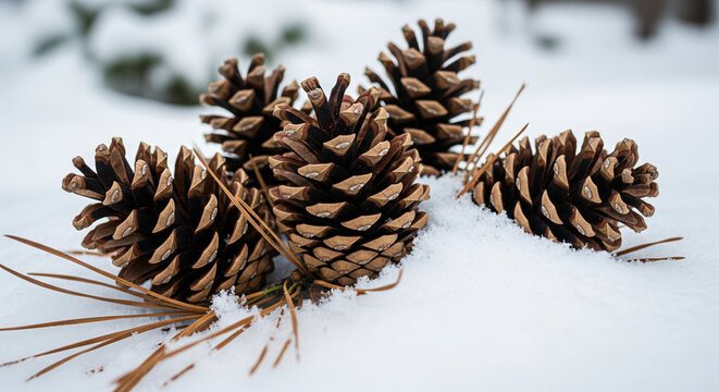 A small cluster of pine cones is arranged on a soft, clean layer of snow. The natural, earthy brown tones of the cones stand in sharp contrast to the bright white winter landscape
