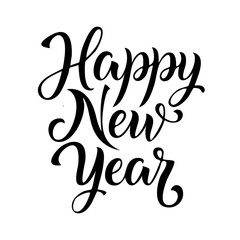 Happy New Year lettering, elegant calligraphy, festive typography design, black ink on white background, vector illustration, decorative script font, minimal style, holiday greeting card template, mod