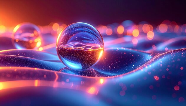 Transparent spheres on undulating surface with glowing blue, purple, and orange light—reflections and scattered particles evoke surreal depth, futuristic elegance, and molecular abstraction.