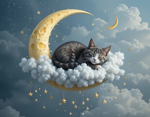 Tabby cat sleeping peacefully on a crescent moon nestled in fluffy clouds surrounded by twinkling stars