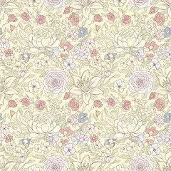 Delicate floral pattern with peonies, roses, and lilies in pastel hues illustration, patern seamless, royalty stock.