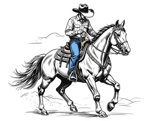 Fototapeta premium Vintage Cowboy Riding Horse Illustration on White Background for Editorial Use