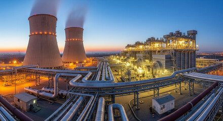 An impressive low-angle shot of a sprawling thermoelectric power station at dusk. The facility is illuminated by bright lights, highlighting the complex network of pipes and industrial structures