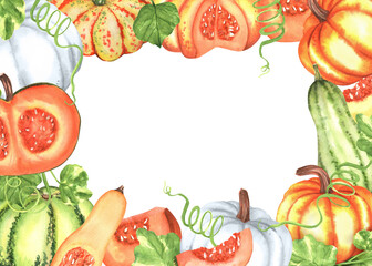 Rectangular horizontal frame of orange, white and green watercolor pumpkins and leaves. Fall harvest decoration. Vegetable garden. Hand-drawn illustration for printing design, postcards, invitations