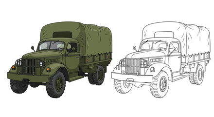 Obraz premium Classic 1940s Military Cargo Truck Coloring Sheet for Educational Art Activities