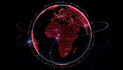 Glowing red digital globe with interconnected nodes orbiting, representing global network and data flow against a black background