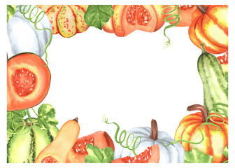 Pre-made autumnal greeting card template with orange, green pumpkins, leaves and white frame. Copy space for the text. Fall harvest festival clipart. Hand-drawn illustration for printing design