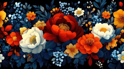 Vibrant floral border, dark background, decorative flowers,  pattern for design