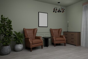 A muted green room with two leather armchairs, a framed poster, and a dark wooden chest