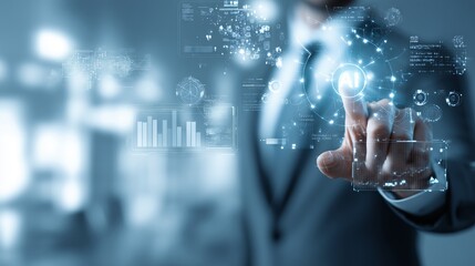 Human business hand touches digital hologram interface for artificial intelligence - Digital transformation conceptual for next generation technology era and digitalization