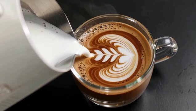 Close up of a professional barista pouring steamed milk from a pitcher to create beautiful rosetta latte art in a glass cup