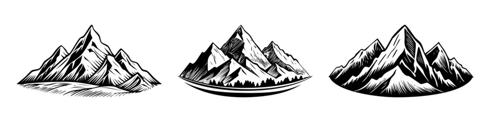 Beautiful mountain landscape illustration, black and white color style, flat vector style, scenic alpine view, nature background, outdoor adventure design