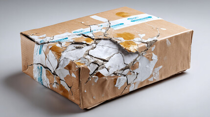 Damaged cardboard box, revealing broken contents. Imperfect delivery: cracked, brittle, and exposed. The package shows signs of significant impact.