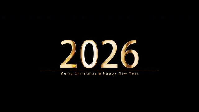 2026 Merry Christmas and Happy New Year  golden text shine flickering light effect animation on black background.Merry Christmas and  Happy New Year text with looping flickering gold glowing light tex