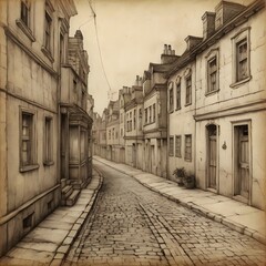 Naklejka premium Vintage pencil sketch of old-fashioned street with quaint buildings, minimal perspective hinting depth, rendered on faded sepia paper showing wear ,Generative Ai 