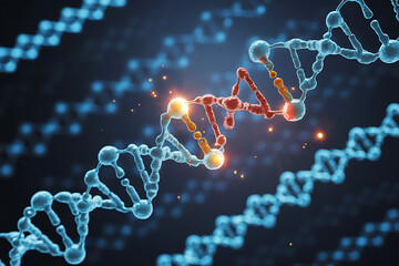 Close up 3D visualization of a DNA strand with glowing genetic connections representing molecular structure and advanced genetics research for education and biotechnology