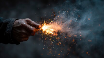 A burning firecracker in a man's hand, close-up photo, gloomy dark surroundings, focus on the object