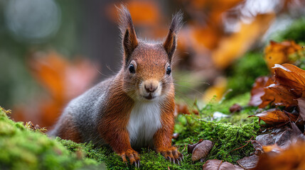 Curious squirrel amidst mossy ground, autumn leaves. Bright-eyed, it peeks through fall foliage, nature's embrace. A woodland scene captured.