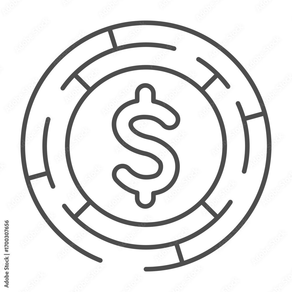 Poster round labyrinth with dollar coin thin line icon, financial tech concept. vector graphics. coin in ci