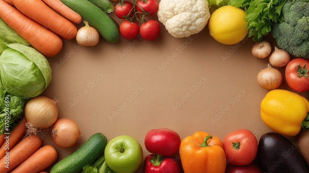 Aufkleber fresh and colorful assortment of vegetables arranged in a circular frame on a brown background for h