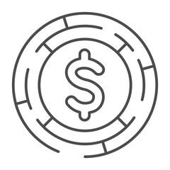 Round labyrinth with dollar coin thin line icon, financial tech concept. Vector graphics. Coin in circle of quest sign on white background, outline style icon for mobile or web design.