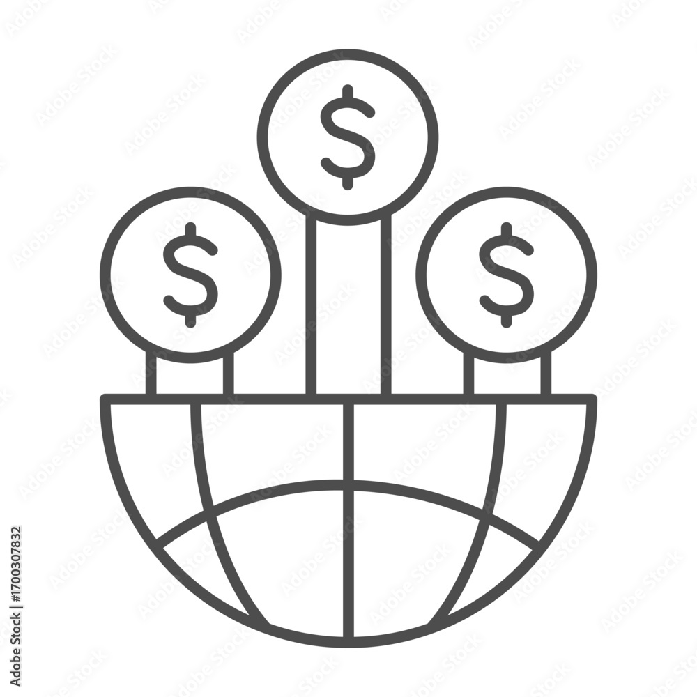 Aufkleber globe half with dollar coin trees thin line icon, financial tech concept. vector graphics. coins wit