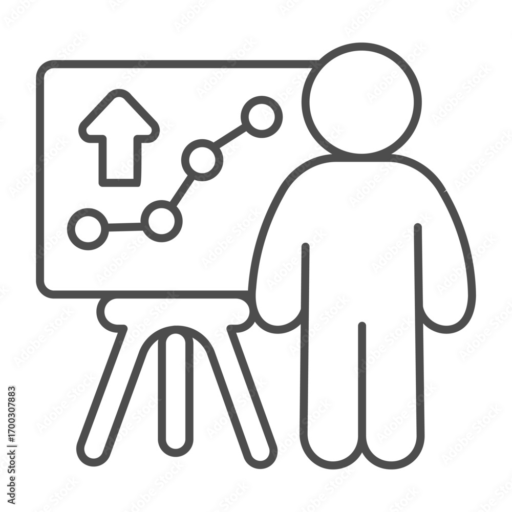 Poster marketer man with graph on whiteboard thin line icon, financial tech concept. vector graphics. marke
