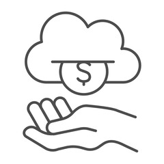 Cloud with coin machine and hand thin line icon, money payout concept. Vector graphics. Hand with dollar cloud, finance sign on white background, outline style icon for mobile or web design.