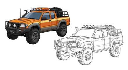 Off Road Rescue Truck Coloring Page with Strong Visual Lines and Dual Style