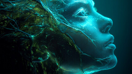 Abstract 3D Art of a Human Profile Merging with Glowing Branches