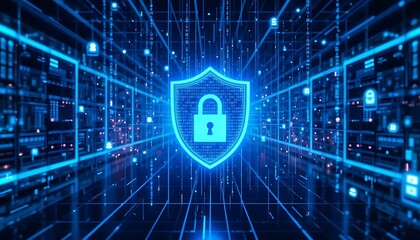 Glowing blue shield with a padlock secures digital data flow in a virtual network environment.