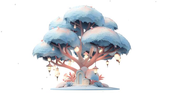 Magical Fantasy Tree with Lanterns and Blue Foliage on White Background