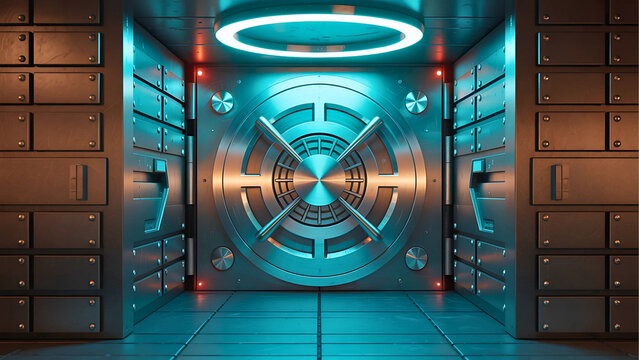 Futuristic vault door with glowing blue light and metallic walls