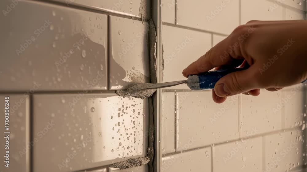 Poster side angle view of precision grout application in a corner tile joint inside a tiled shower enclosur