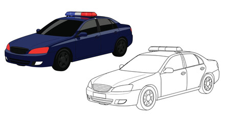 Police Cruiser and Outline Drawing Car Coloring Page for Kids and Adults