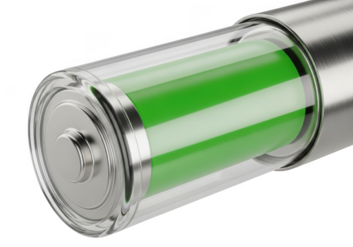Close up of a green battery inside a transparent cylinder isolated on transparent background