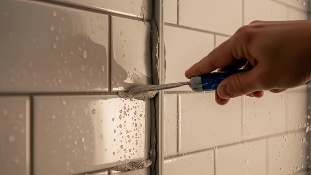Side angle view of precision grout application in a corner tile joint inside a tiled shower enclosure.