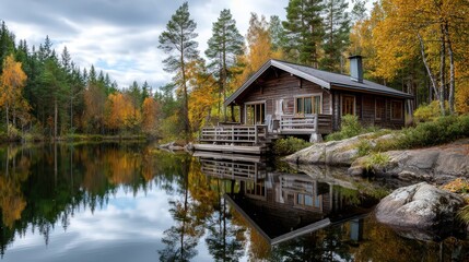 A tranquil cabin by a calm lake, surrounded by stunning autumn foliage and towering trees, perfect for a peaceful retreat.