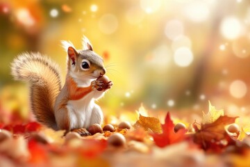 Charming squirrel holding acorn amidst autumn leaves with warm bokeh background