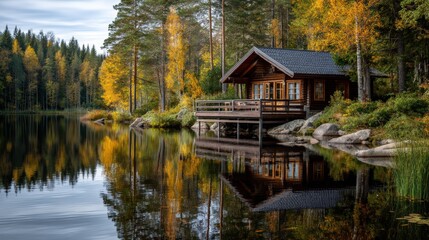 A tranquil lakeside cabin surrounded by autumn trees reflecting on the water, offering a serene escape into nature's beauty.