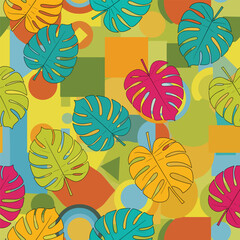 Colorful monstera leaves and geometric shapes creating a vibrant pattern design, seamless pattern, royalty free stock.