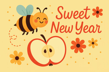 Playful vector design with bee, apple and flowers, cheerful layout for holiday greeting, perfect for festive vector illustrations.
