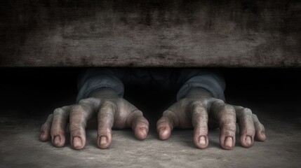 Gripping Horror Scene of Outstretched Hands Reaching from Shadows Under a Dark Surface with Mysterious and Eerie Atmosphere in a Dimly Lit Environment