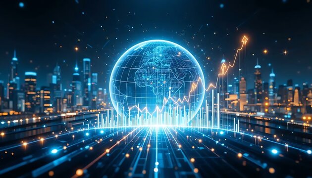 Futuristic cityscape shows a world globe hologram with economic growth in a digital landscape