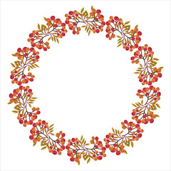 Obraz premium Round frame made of red rowan branches with leaves. Perfect autumn element for banners, postcards, and seasonal invitations.